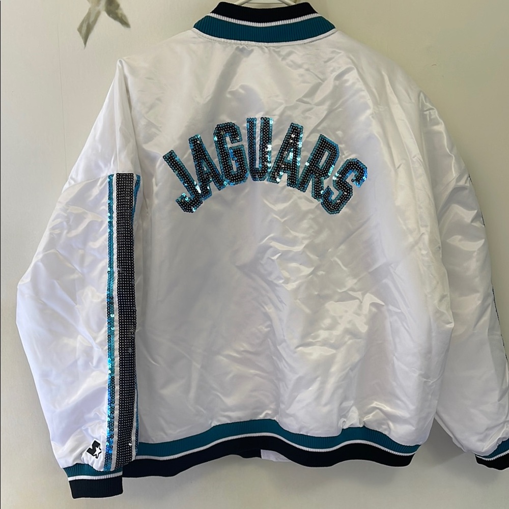 STARTER NFL White  Lightly Quilted Jaguar’s Sequin Details Varsity Jacket